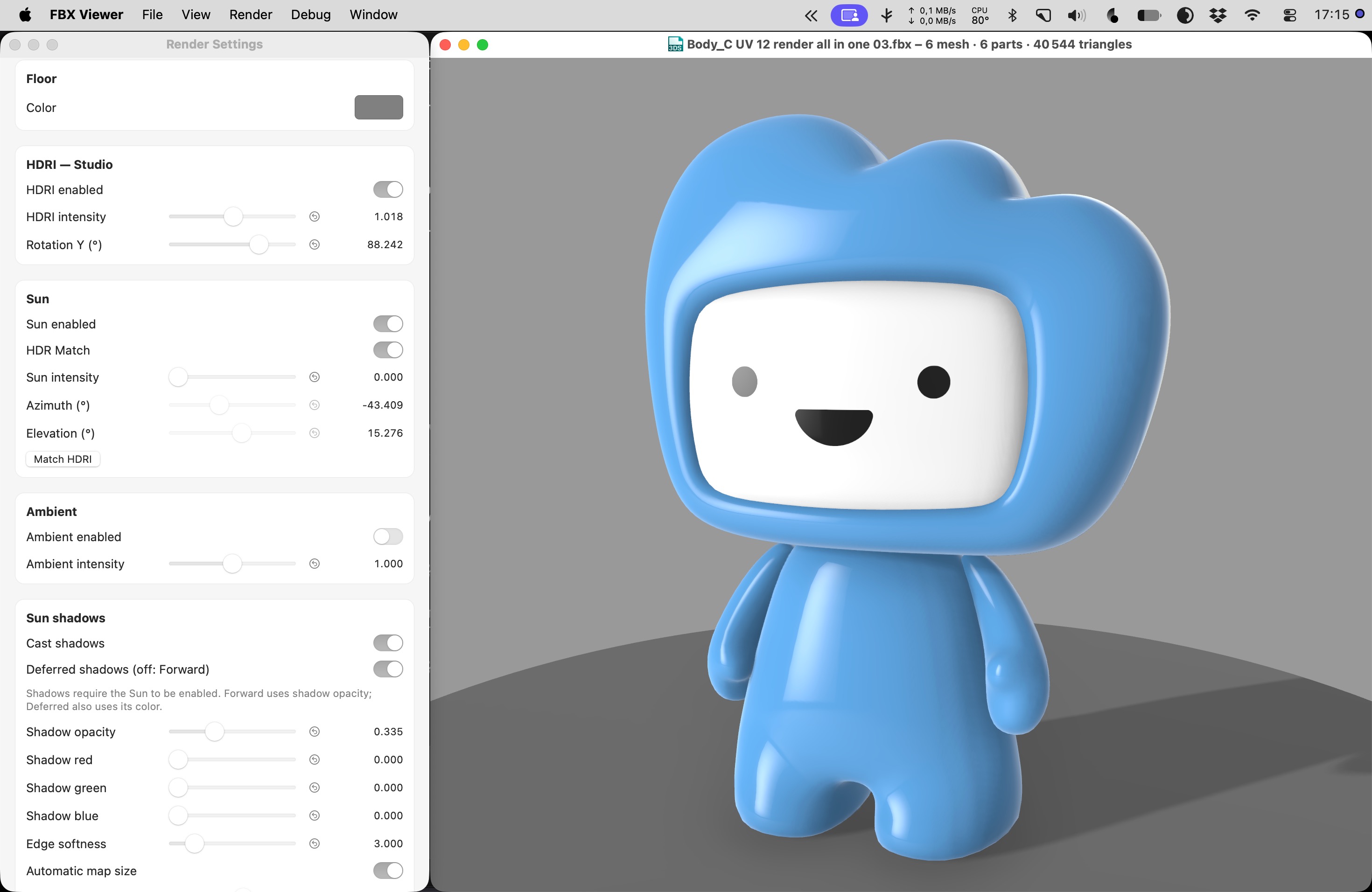 FBX Viewer displaying a blue 3D character beside its lighting and render settings